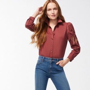 Chico's Women’s Embroidered Long Sleeve Button Up Rust Brown Size 4 Puff Sleeve